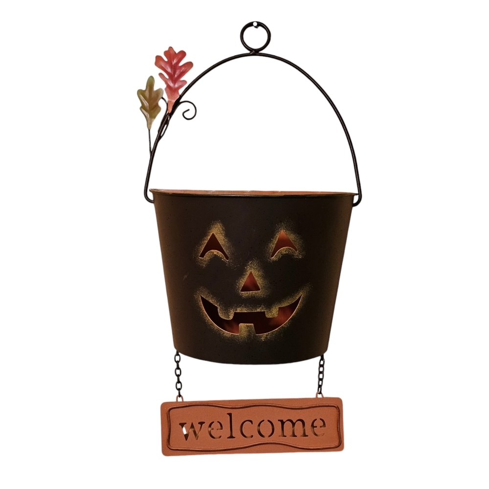 Fall Jack O Lantern Metal Bucket Welcome Hanging Sign For Wall/Door Cutout